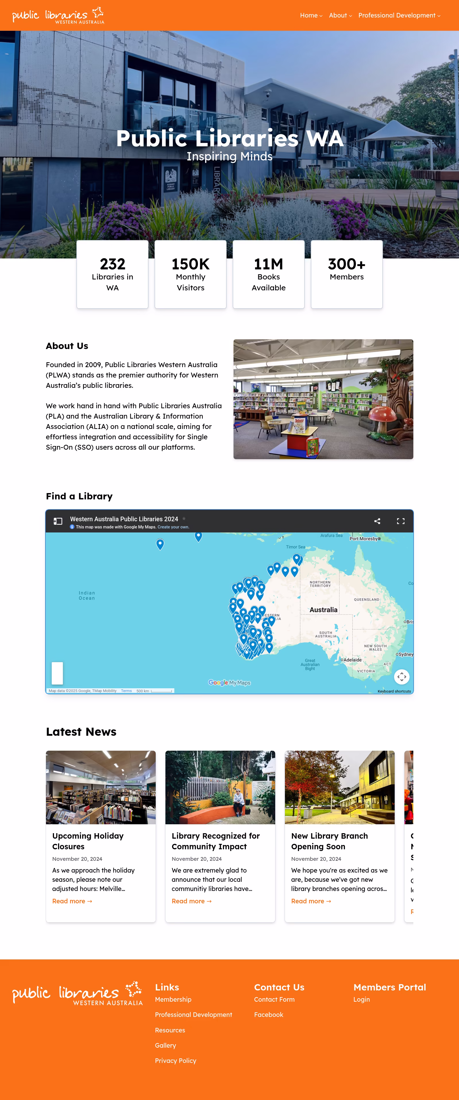 A modern looking website. At the top is a simple orange navigation menu with dropdown icons, followed by a hero image, some stats, an about section, a map plotting libraries, a horizontal list of news articles, and a large orange footer linking to all the major pages on the site.