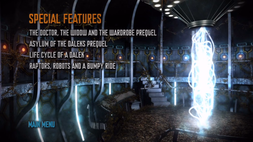 Left-aligned menu listing special features, with the Tardis in the background, overtaken by vines, while the time stream undulates unstably to the right.
