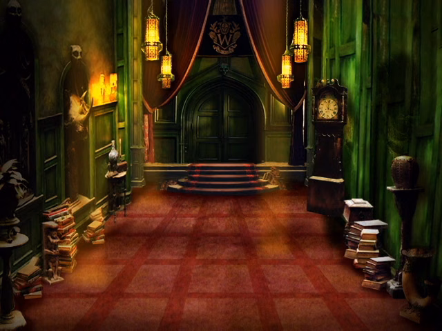 A creepy old manor with green walls. A red, grid carpet stretches the floor, and beams of light illuminate specific squares.