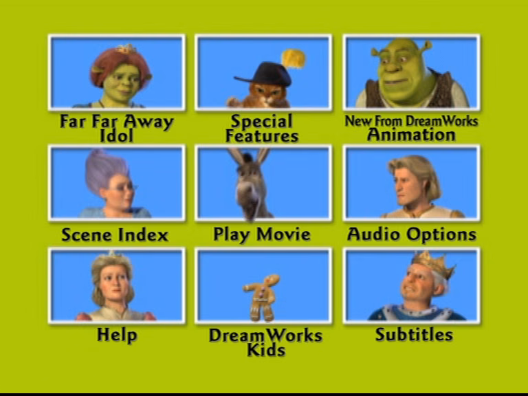 A bright green background with windows containing various characters for the film representing each menu item. Donkey is in the middle, and most of the characters look displeased with him.