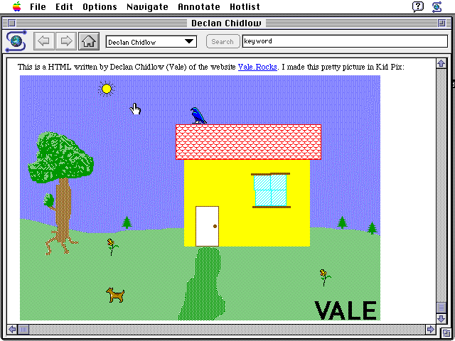 A simple browser with minimal grey chrome. There are buttons for navigation, going home, history, and for searching. Under some text is an inline picture of a house next to a tree.