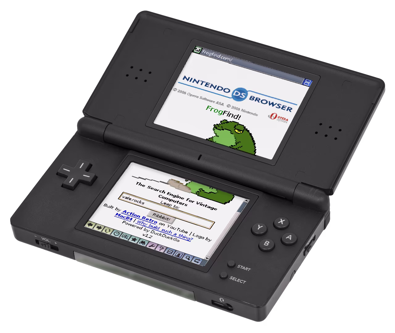 A physical DS with the FrogFind webpage across both screens. The top screen has a status bar presenting the current address and internet connection status, as well as a banner reading 'Nintendo DS Browser'. The bottom screen has a scrollbar along the right side and a collection of buttons with iconography along the bottom edge.