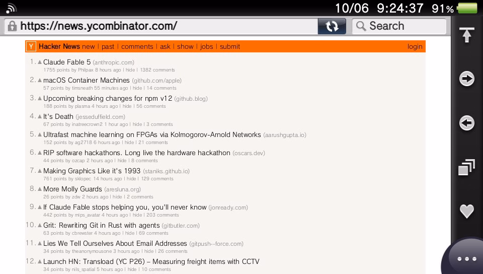 The URL of the current page (Hacker News), a page refresh button, and a search field run along the top of the screen. On the right edge is a column of buttons with icons for navigation, bookmarking, and accessing settings. The browser chrome is glossy.