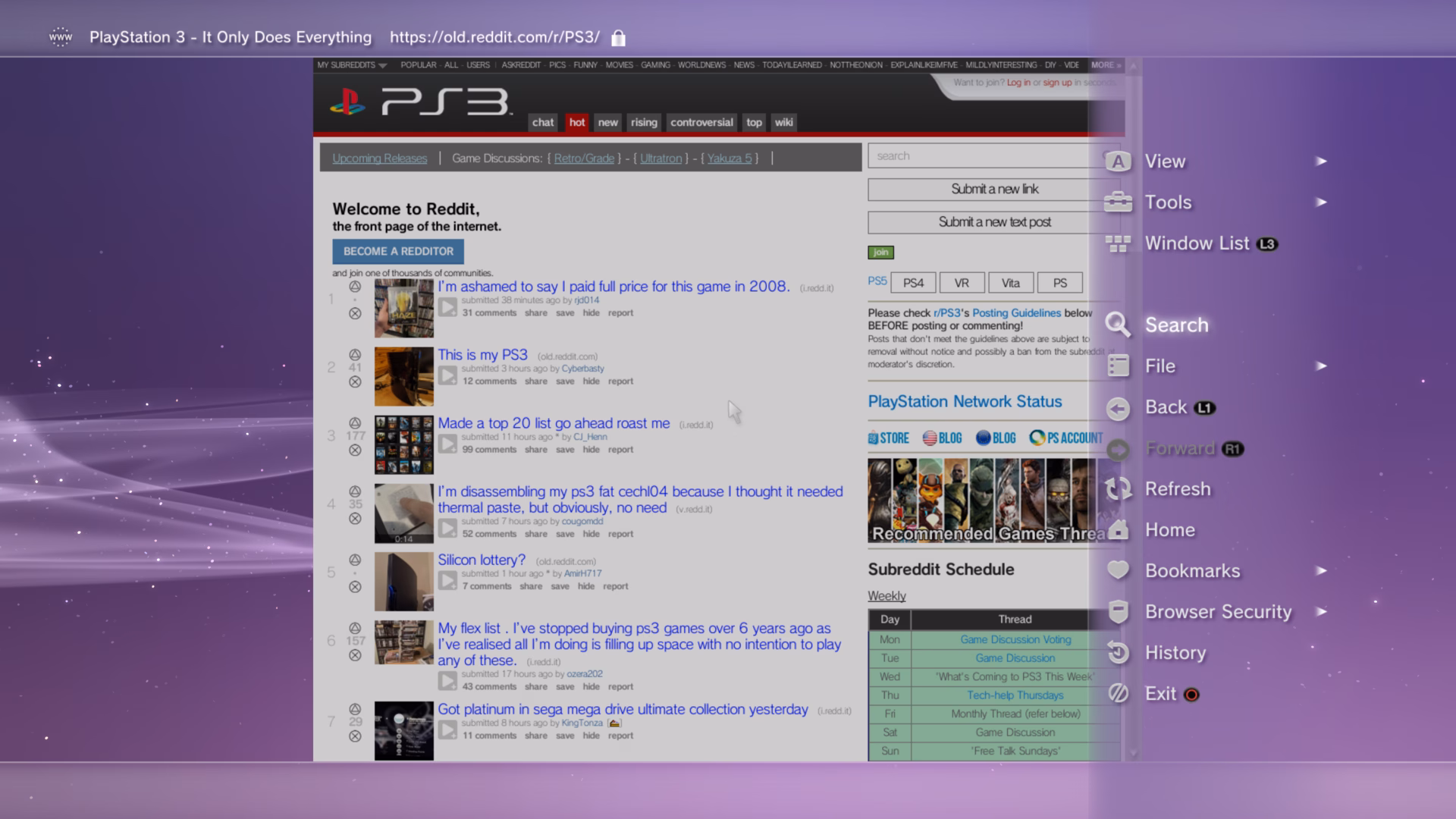 Reddit's old interface from the 2000s displaying the PS3 subreddit. At the top of the screen are the page title and current URL, and a fly-out menu is open on the right displaying a list of browser options and controls. Everything is glossy and glowing, and in the background the system wallpaper can be seen.