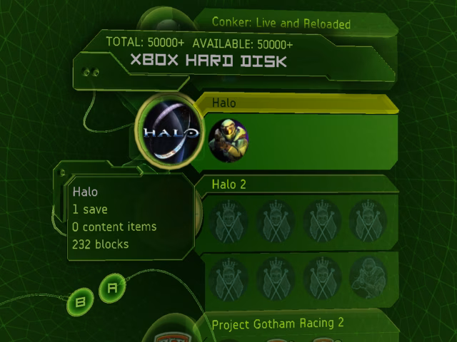 A very green interface with lots of angled edges showing my saves on my Xbox hard disk for the games Conker: Live and Reloaded, Halo, Halo 2, and Project Gotham Racing 2.