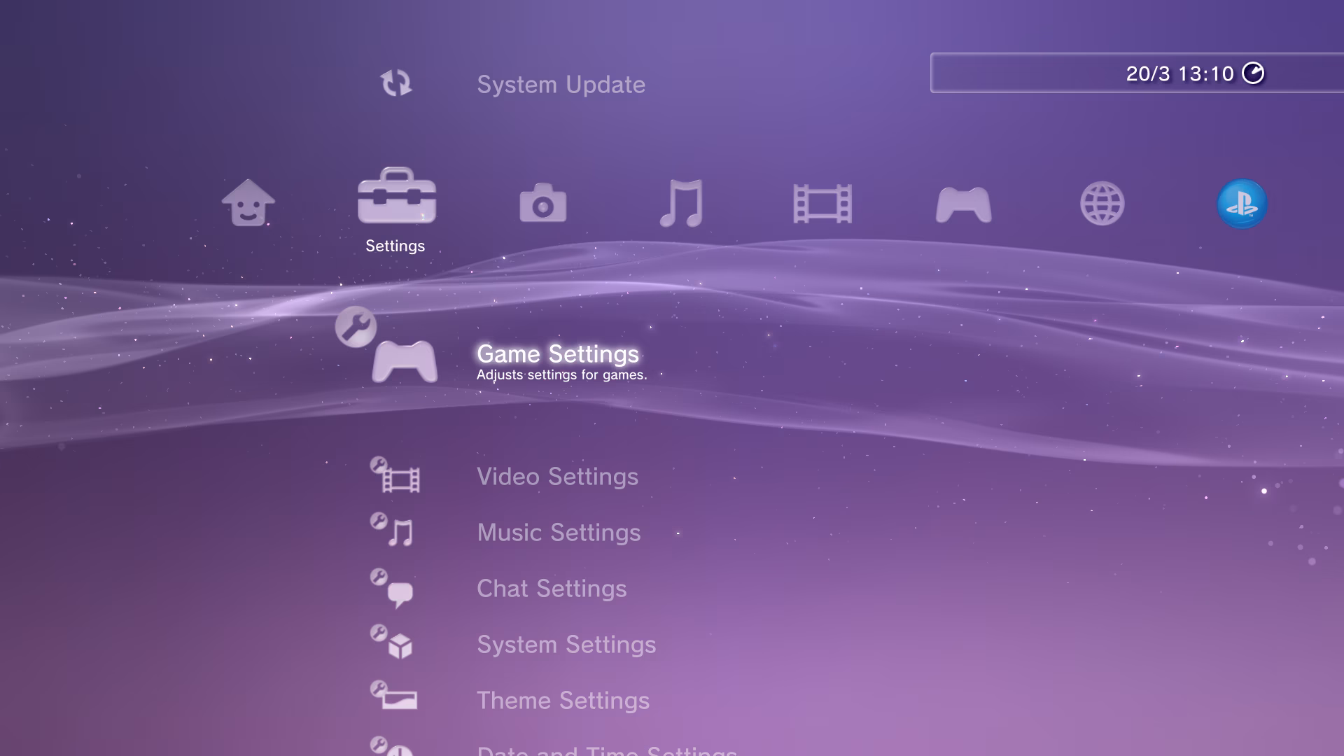 XMB open to settings section. A ribbon surrounded by twinkling sparkles runs horizontally along the purple gradient background. Slightly down from the top are a horiontal list of icons, one of which is a toolbox labelled 'Settings'. Running vertically above and bellow that icon forming a cross are more icons, each with their own label.