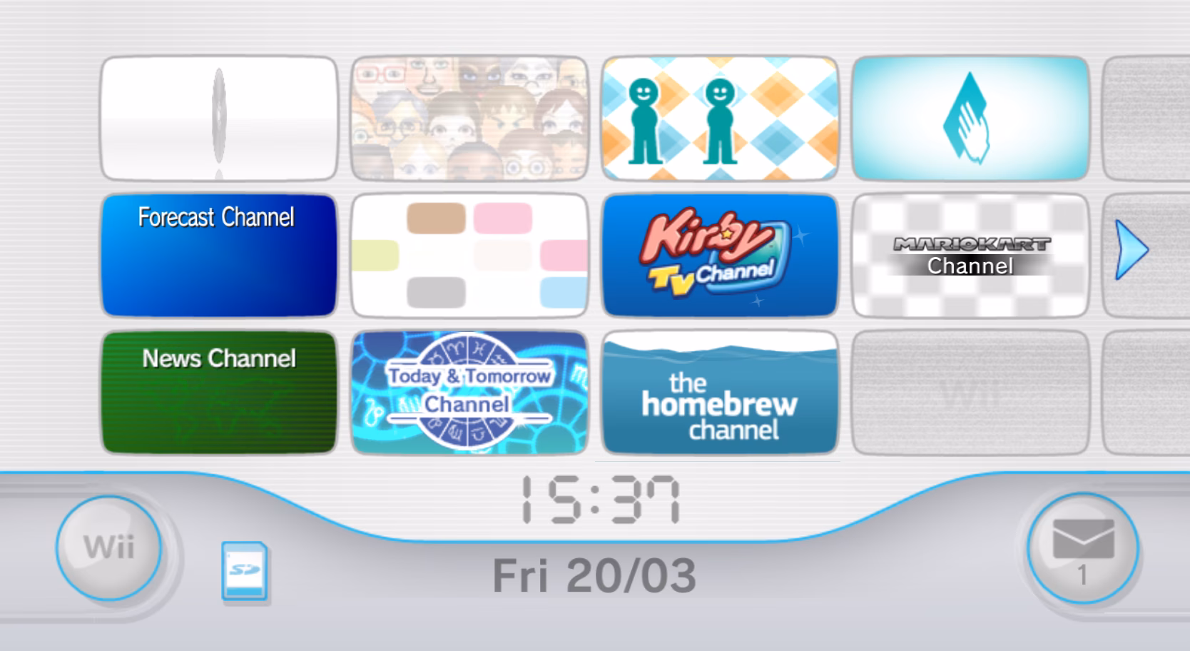 A largely white, glossy interface with a grid of channels. The background is striped. At the bottom is the time and dat, and some buttons.