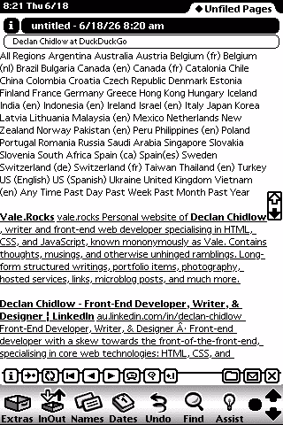 A monochrome interface displaying the textual results of a DuckDuckGo search for 'Declan Chidlow'. The search engine's filter dropdowns have been rendered as text and are displaying every item in them at the top of the screen. A row of buttons is present at the bottom of the browser interface.