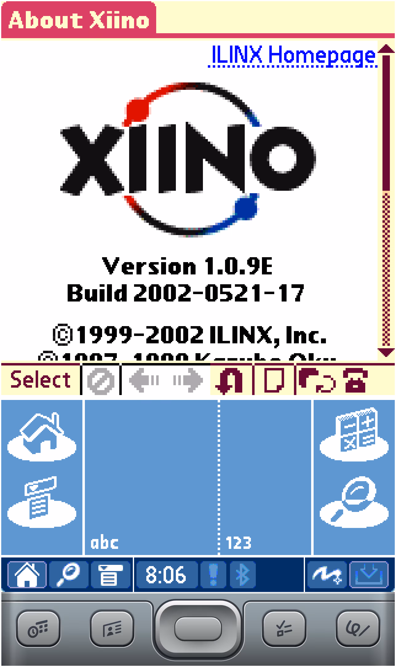 A colourful interface displaying a browser homepage, which lists information about the browser. The logo is rendered as an image. Just under the homepage are browser navigation buttons. Most of the screen displays buttons and device inputs.