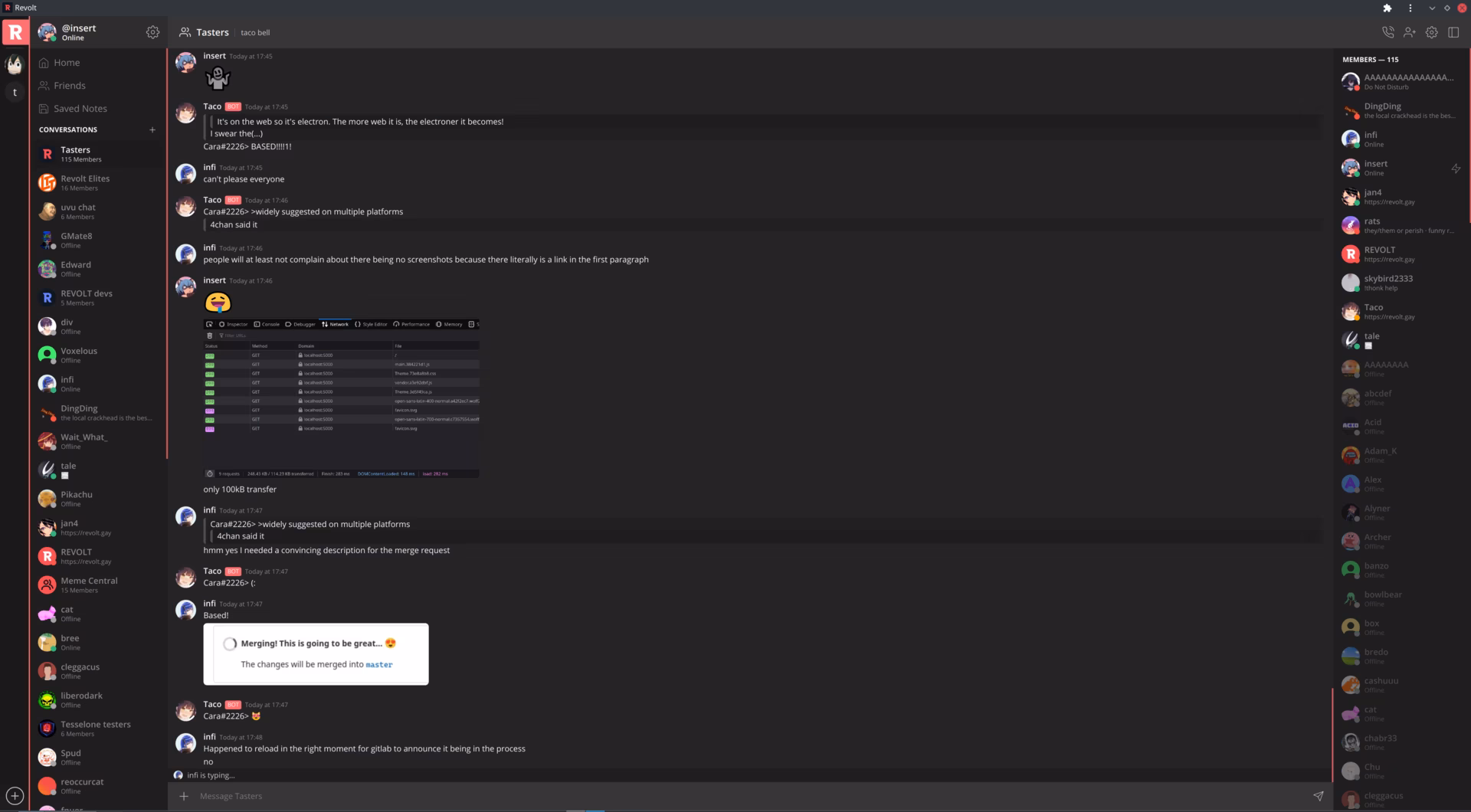 A more populated interface, showing many more conversations, in-chat messages from bots, and a newly introduced server list to the far left of the page.