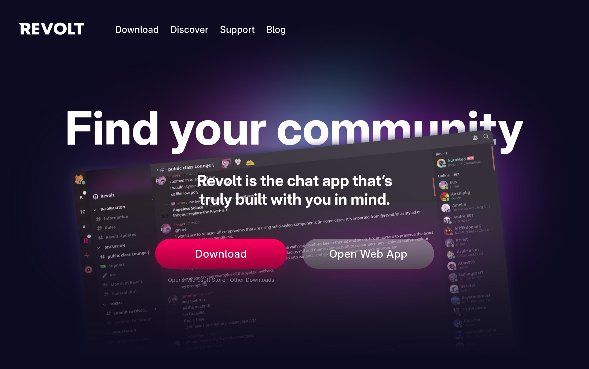 A gradient-heavy landing page with a dark blue background. Large text reads 'Find your community', followed by 'Revolt is the chat app that's truly built with you in mind.'. A download button is prominent, with a skewed screenshot of Revite's interface visible behind it.